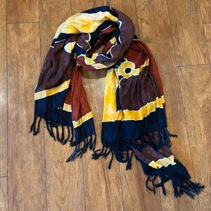 Boho Batik Scarf Wrap – Rust Brown Yellow Black Geometric Print Fringe Shawl
